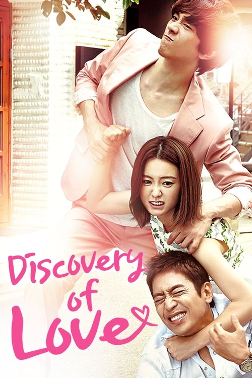 The poster features three characters in a romantic pose against a warm, sunlit background. The pink and peach tones evoke a dreamy, romantic atmosphere, while the playful text "Discovery of Love" adds a touch of whimsy.