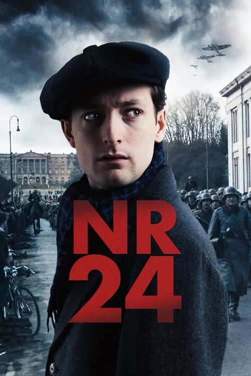 The poster features a man in a beret against a stormy sky, with the bold red "NR 24" text overlaying his shoulders. In the background, a crowd gathers near a building under heavy rain, evoking a gritty, tense atmosphere.