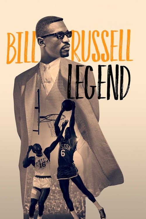 This TV show poster features Bill Russell in a stylish suit with sunglasses, exuding confidence. The background includes smaller silhouettes of basketball players, emphasizing his legendary status. The sepia-toned color scheme and bold typography create a timeless, nostalgic mood.