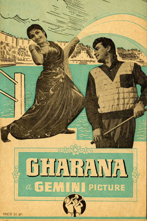 This vintage movie poster for "Gharana" features a glamorous couple in a dramatic pose against a stylized backdrop. The poster uses bold colors and dramatic lighting to evoke a sense of romance and adventure.