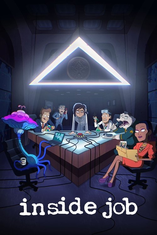 The poster features a group of animated characters gathered around a glowing triangle, creating a mysterious and slightly eerie atmosphere. The characters are dressed in colorful, futuristic attire, suggesting a sci-fi setting. The dim lighting and dark background enhance the suspenseful mood, wh...