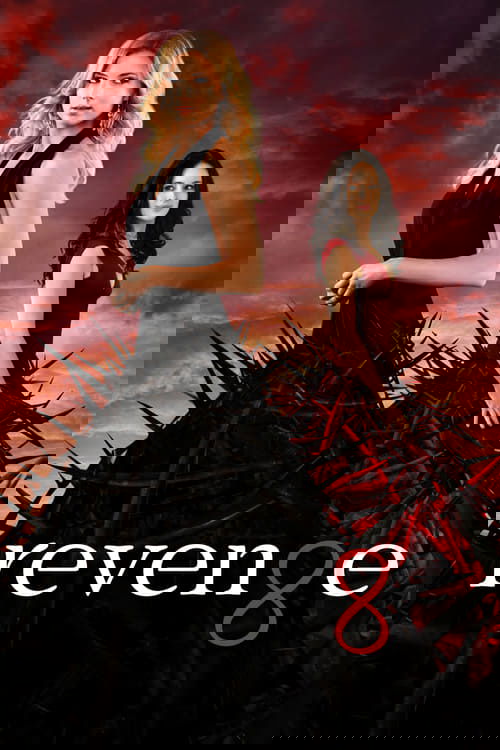 The poster features two women in dramatic poses against a fiery red sky, with one in a black dress and the other in red. The word "revenge" is prominently displayed in bold white letters, evoking themes of power, danger, and action.