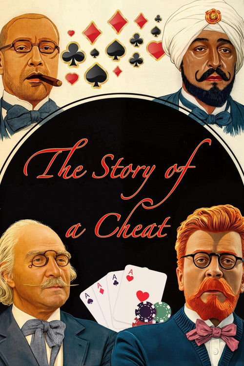 The poster features four caricatured men in suits, each with unique facial expressions and accessories like glasses, moustaches, and turbans. The central black circle contains the title in elegant red script. Surrounding the circle are playing cards—diamonds, spades, hearts, and clubs—symbolizing...