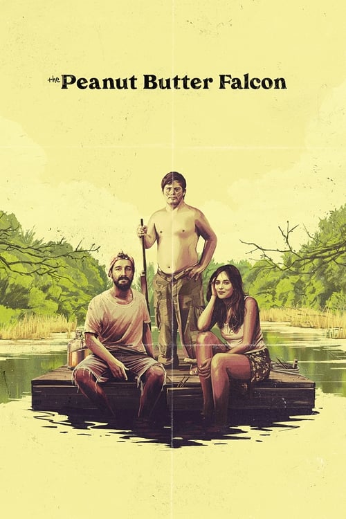 The poster features a group of four people on a wooden dock in a serene, sunlit lakeside setting. The warm yellow tones evoke a nostalgic, relaxed mood, while the natural greenery and calm water create a peaceful atmosphere. The title "The Peanut Butter Falcon" is prominently displayed at the top...