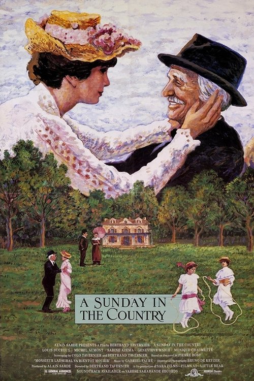 The poster features a dramatic scene where a woman in a floral dress and hat gently touches an elderly man's face, evoking a sense of warmth and connection. In the background, a quaint country house sits amidst lush greenery, while smaller figures play joyfully in the foreground. The muted yet vi...