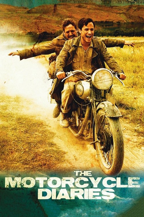 The poster features two men riding a vintage motorcycle through a dusty, sunlit landscape, evoking a nostalgic and adventurous mood. The warm tones of the background contrast with the cool blues of the title text, creating a visually striking composition that captures the essence of their journey.