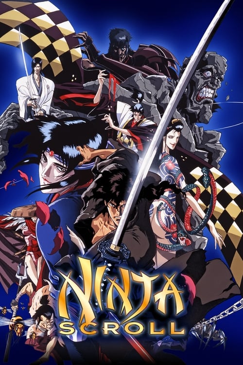 The poster features a dynamic scene with multiple ninja characters in action poses, set against a dramatic blue background with checkered patterns. A prominent sword glows with an eerie light, adding to the mysterious atmosphere. The title "Ninja Scroll" is displayed prominently at the bottom, su...