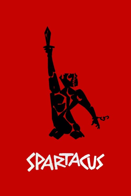The poster features a striking silhouette of Spartacus raising his sword against a bold red background, evoking a sense of rebellion and historical drama. The stark black and white contrast creates an intense, dramatic mood that captures the spirit of the Roman soldier and his revolutionary cause.