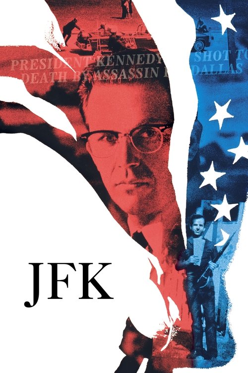 The poster features a close-up of JFK with glasses, set against a backdrop of the American flag. The colors are vibrant red, white, and blue, creating a patriotic and serious mood. The text "JFK" is prominently displayed in bold, black letters.