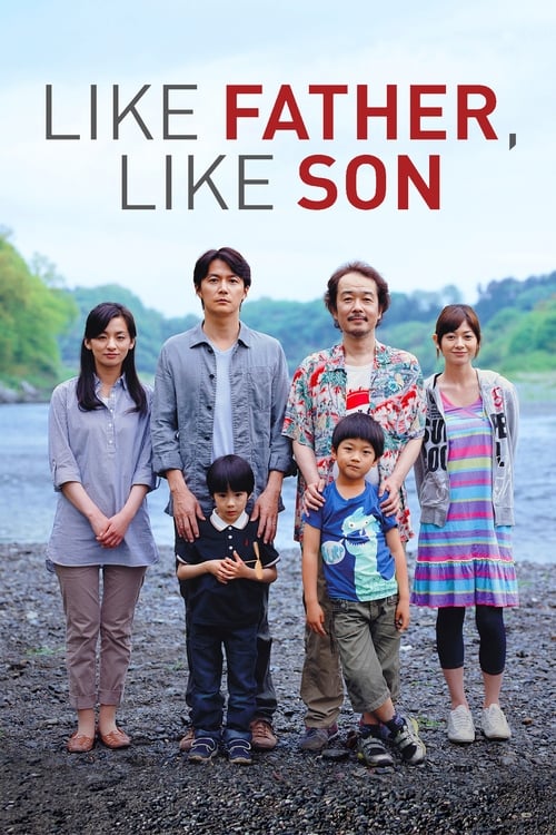 The poster features a diverse family of five standing on a rocky shore with a serene lake in the background. The warm, natural tones of the image evoke a sense of warmth and familial love, while the bold red text emphasizes the emotional core of the message.