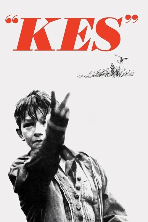 The poster features a striking black-and-white image of a young man with a confident smile, wearing a denim jacket. The bold red title "KES" dominates the top, creating a bold contrast against the monochrome background. The mood is energetic and youthful, capturing the essence of a dynamic and en...