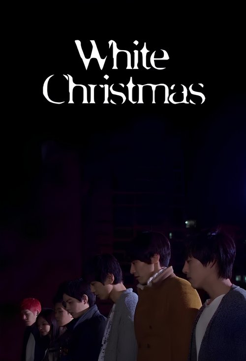 The poster features a group of young people standing in a dimly lit room, creating a cozy and intimate atmosphere. The title "White Christmas" is prominently displayed at the top in elegant script.
