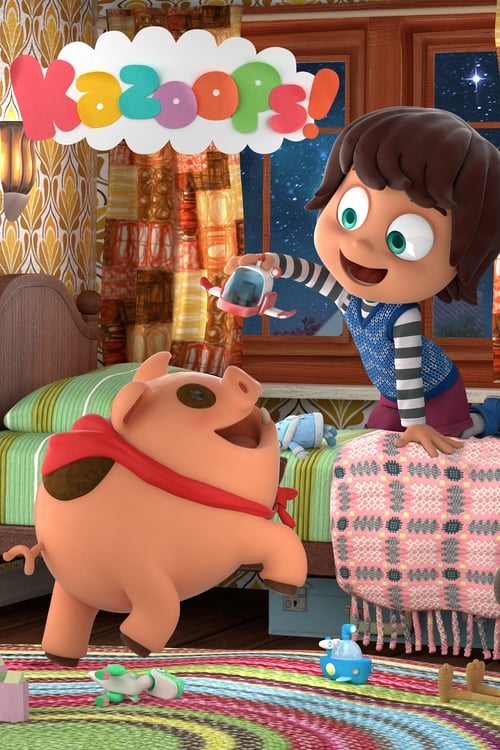 The poster features a cheerful young boy with dark hair and a striped shirt, holding a small blue toy. Beside him, a large, friendly brown pig with a red collar stands on a colorful rug. The background includes a cozy living room with shelves and a window, creating a warm and inviting atmosphere....