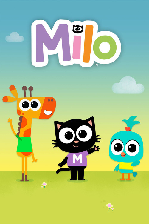 This vibrant TV poster for "Milo" features four colorful characters against a cheerful sky backdrop. The playful orange giraffe, black cat, blue bird, and girl in green dress stand together in a sunny outdoor setting. The bright pastel colors and whimsical design evoke a friendly, engaging, and f...