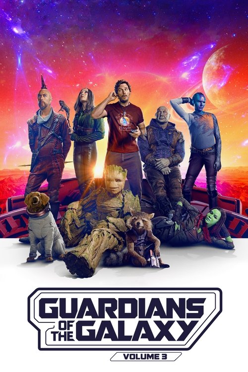 The poster features a dynamic group of Guardians of the Galaxy characters standing against a vibrant cosmic backdrop. The colors are vivid, with deep purples, oranges, and blues creating an energetic atmosphere. The mood is adventurous and exciting, capturing the essence of their journey together.