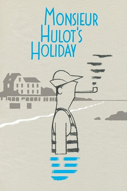 The poster features a lone figure in a striped coat and hat, holding a cigarette, standing on a beach with a serene, almost dreamlike atmosphere. The muted blue tones and simple design evoke a sense of quiet contemplation and nostalgia.
