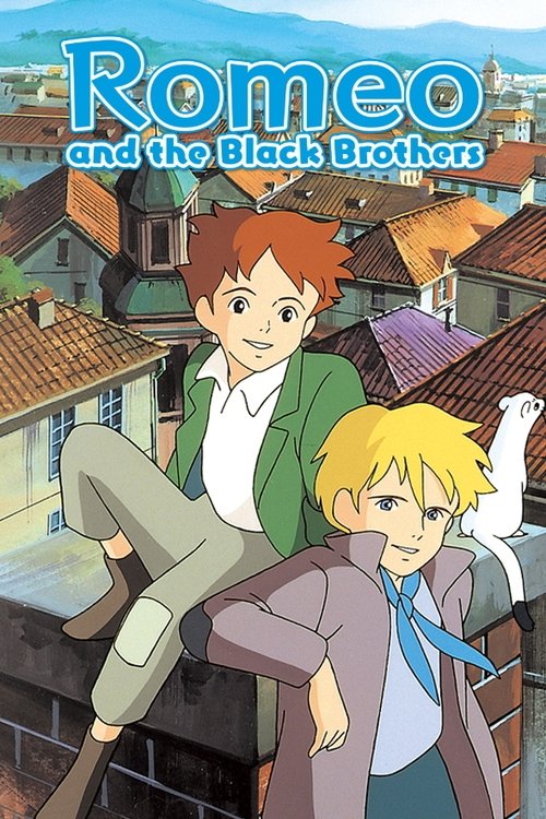 The poster features two animated characters, one with red hair and green jacket, and another with blonde hair and blue scarf, standing on a rooftop. The background shows a quaint village with colorful rooftops and distant hills. The mood is playful and adventurous, with warm tones and a sense of ...