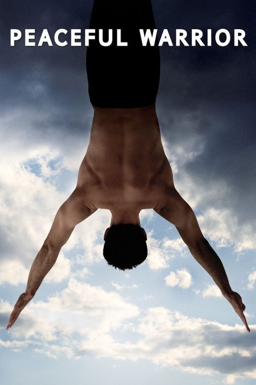 The poster features a silhouette of a warrior in a graceful handstand, set against a dramatic sky with clouds and blue tones. The bold text "PEACEFUL WARRIOR" at the top emphasizes the film's theme. The composition conveys strength, resilience, and tranquility.
