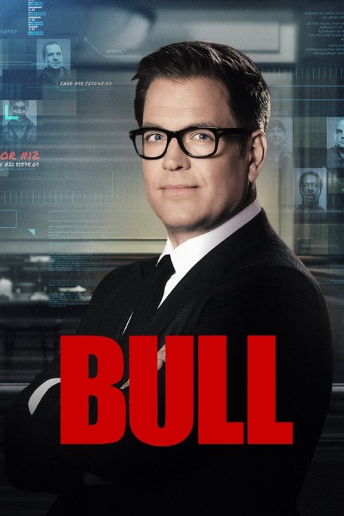 The poster features a man in a black suit and glasses, exuding confidence against a futuristic backdrop with holographic data displays. The bold red "BULL" text dominates the foreground, creating a striking contrast that hints at the show's intense and dramatic tone. The overall composition sugge...