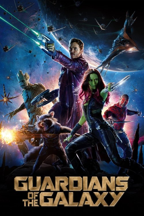 The poster features four characters in dynamic poses against a cosmic backdrop of vibrant blues, purples, and oranges. They wield futuristic weapons, suggesting action and adventure. The title "Guardians of the Galaxy" is prominently displayed at the bottom, evoking a sense of wonder and excitement.