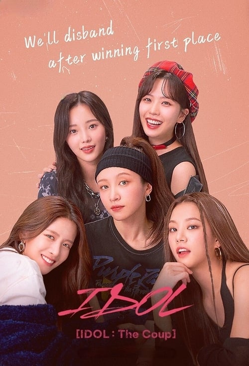 The poster features six members of the K-pop group IDOL standing in a semi-circle, exuding confidence and charm against a warm peach background. The vibrant pink and white colors create a striking contrast, while the playful text at the top hints at the show's comedic tone. The overall mood is li...