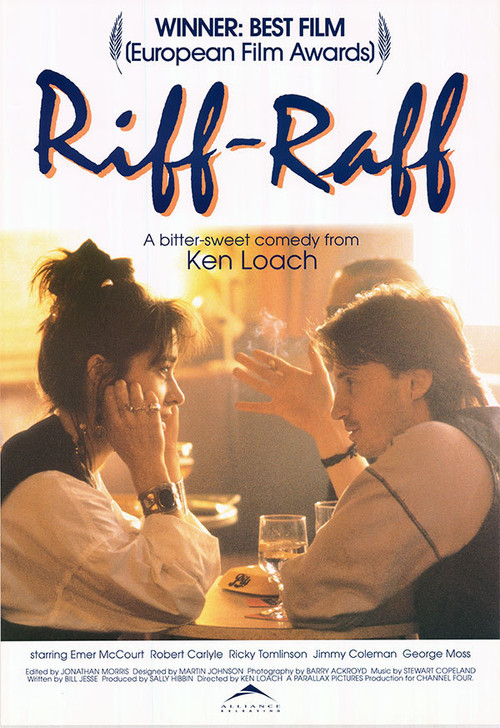 The poster features two women in a romantic, intimate setting against a warm sunset backdrop. The title "Riff-Raff" is prominently displayed in bold, stylized lettering, evoking a playful yet sophisticated tone. The overall mood is lighthearted and romantic, capturing the essence of a fun, social...