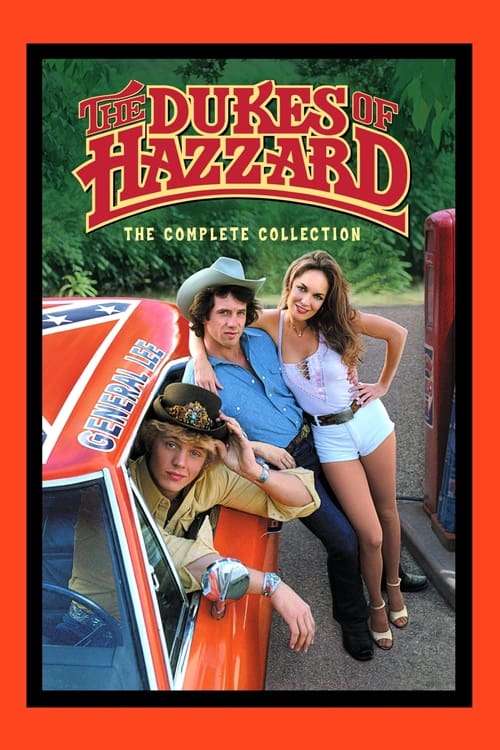 The Dukes of Hazzard poster features three characters in a vibrant red and orange car, exuding a playful and adventurous mood. The characters are dressed in period-appropriate attire, with one in a cowboy hat, another in a blue shirt, and the third in a white dress. The poster's bold title and co...