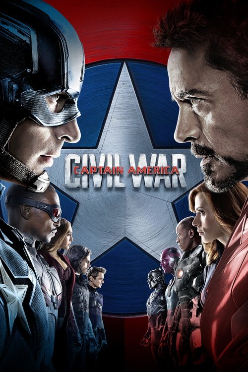 This movie poster features Captain America and Tony Stark facing each other, with the iconic American flag behind them. The dramatic lighting and intense expressions convey a sense of conflict and action.