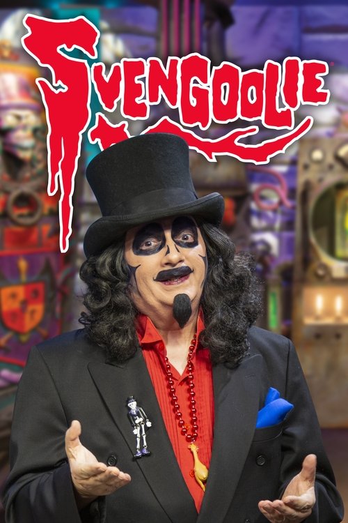 The poster features a man in a black suit and top hat, exuding a theatrical, comedic vibe. His exaggerated makeup and expressive gestures suggest a playful, mischievous character. The vibrant red and purple background adds to the spooky yet whimsical atmosphere, hinting at the show's blend of hum...