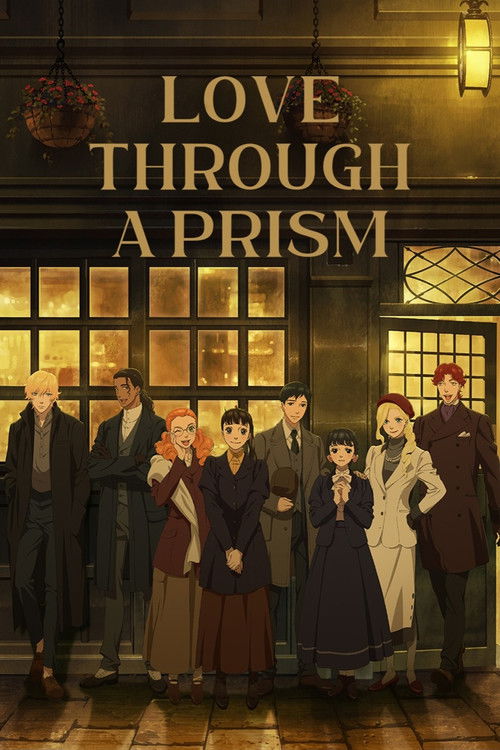 The poster features a group of seven characters standing in front of a warmly lit, Victorian-style building with large windows. The warm golden lighting creates an intimate, nostalgic atmosphere, while the rich colors of their clothing—from deep blues and reds to soft pinks and browns—highlight t...