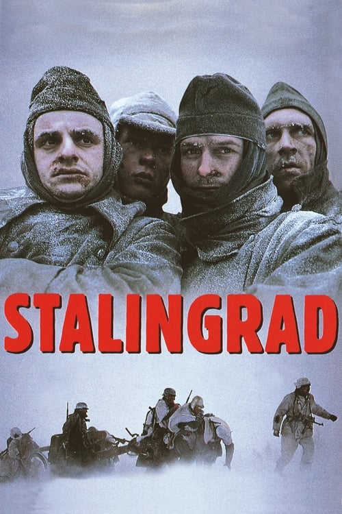 The poster features a gritty, somber scene of soldiers in heavy winter gear against a muted, overcast sky. The bold red "STALINGRAD" text dominates the lower half, evoking a sense of urgency and historical weight. The overall mood is one of intense historical drama, capturing the grim reality of ...