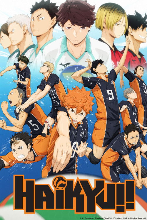 The poster features a dynamic scene of numerous characters from "Haikyu!!" in action poses, with vibrant colors including orange, blue, and red. The mood is energetic and spirited, capturing the excitement of the volleyball tournament.