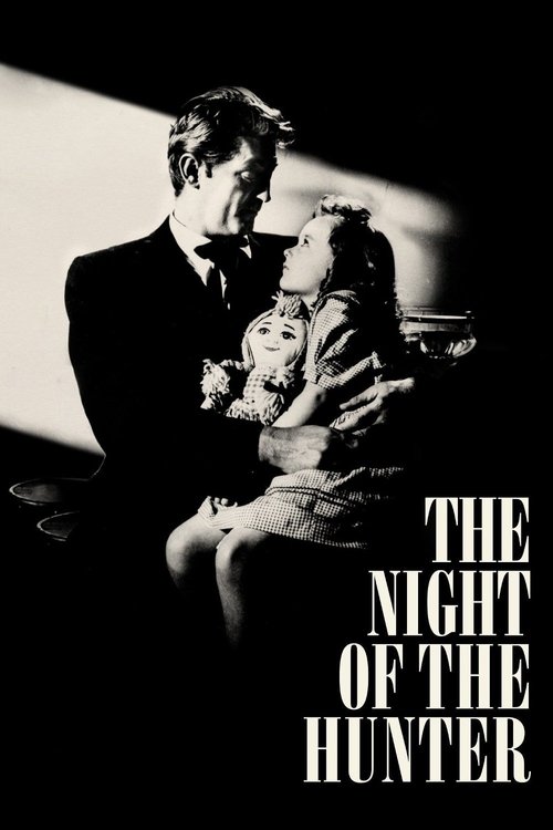 The black-and-white poster captures a dramatic scene of a man and woman in a dark, moody setting. The woman holds a small child, while the man looks on with a somber expression. The stark lighting and shadowy tones evoke a sense of mystery and tension. The title "The Night of the Hunter" is promi...