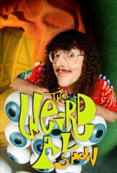 The poster features a quirky Al with curly hair and glasses, surrounded by colorful, surreal elements like eyes and abstract shapes. The vibrant green background and playful design evoke a whimsical, humorous mood, capturing the show's unique blend of humor and surrealism.