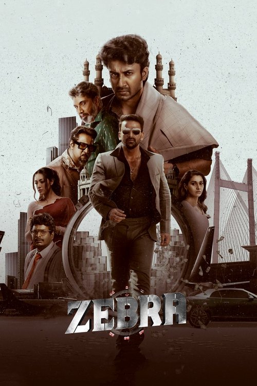 This movie poster features a gritty urban scene with a central figure in a suit and sunglasses, surrounded by other characters in varied attire. The muted tones and shadowy cityscape evoke a noir atmosphere, while the metallic "ZEBRA" title adds a mysterious, high-stakes feel.