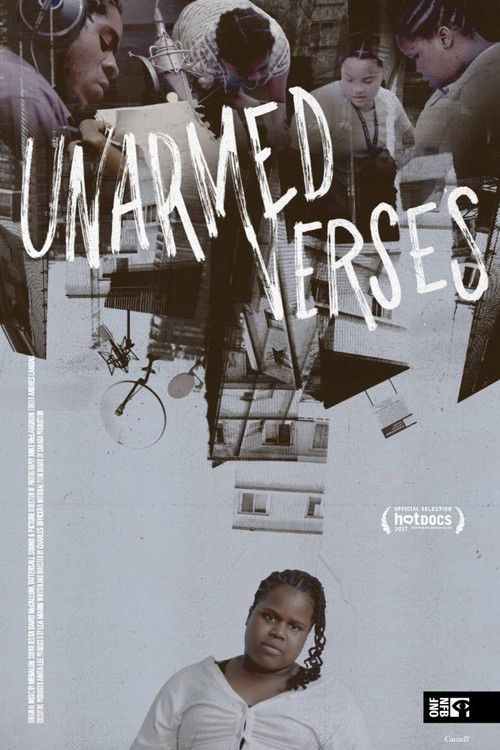 The poster features a collage of people in various poses, suggesting a narrative of struggle or resilience. The muted, sepia-toned color scheme evokes a somber and reflective mood, while the bold, distressed typography of "UNARMED VERSES" adds a sense of urgency and defiance.