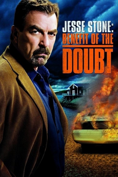 The poster features Jesse Stone in a dramatic pose against a stormy sky, with a burning car and a house in the background. The colors are intense, with fiery oranges and dark blues, creating a suspenseful and ominous mood.