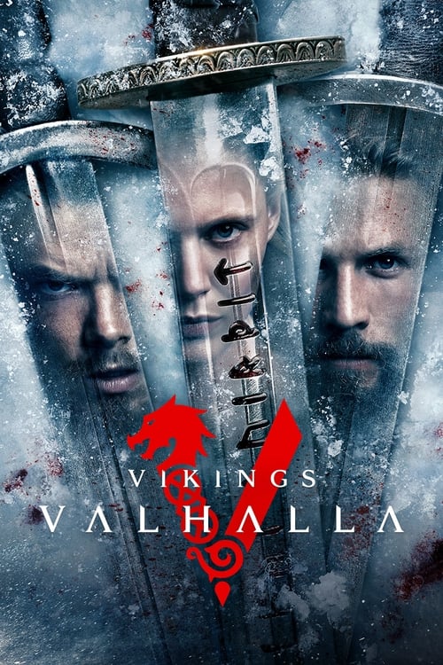 The poster features two men in Viking armor, their faces partially obscured by heavy metal shields, evoking a somber and heroic mood. The title "Vikings: Valhalla" is prominently displayed in bold, metallic lettering, with a striking red Viking symbol beneath it. The overall design suggests a dra...