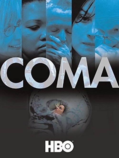 The poster features a haunting collage of four women in monochromatic blue tones, their expressions conveying deep sorrow and mystery. The word "COMA" dominates the center in bold white letters, while the HBO logo sits at the bottom. The overall mood is eerie and melancholic, evoking themes of ps...