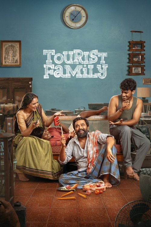 The poster features a vibrant, warm-toned room with a cozy, lived-in atmosphere. Three characters are seated on the floor, engaged in conversation, exuding a relaxed and familial mood. The deep blue wall and wooden furniture add to the rustic charm, while the playful text "Tourist Family" hints a...