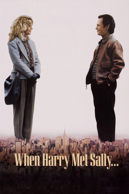 The poster features a blonde woman in a blue suit and a man in a brown jacket standing against a city skyline. The muted tones and soft lighting create a romantic and nostalgic mood.