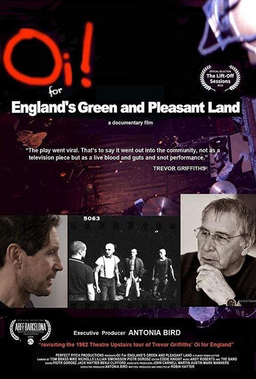 The poster features a dramatic, moody atmosphere with dark tones and vibrant red accents. It showcases iconic figures like Peter Sellers and John Hurt, evoking a sense of nostalgia and humor. The film's title, "Oi For England's Green and Pleasant Land," is prominently displayed in bold, eye-catch...