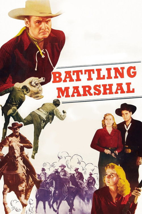 This movie poster features a rugged cowboy in a red shirt and hat, surrounded by dynamic action scenes of horses and riders. The bold red text "BATTLING MARSHAL" stands out against a white background, evoking a Western theme. The overall mood is adventurous and intense, capturing the spirit of th...