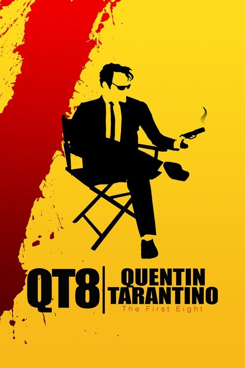 The poster features a silhouette of a man in a suit playing a guitar, seated on a chair against a vibrant yellow background with bold red splatters. The title "QT8" appears prominently in black text, emphasizing the film's unique identity as "The First Eight." The overall design conveys a sense o...