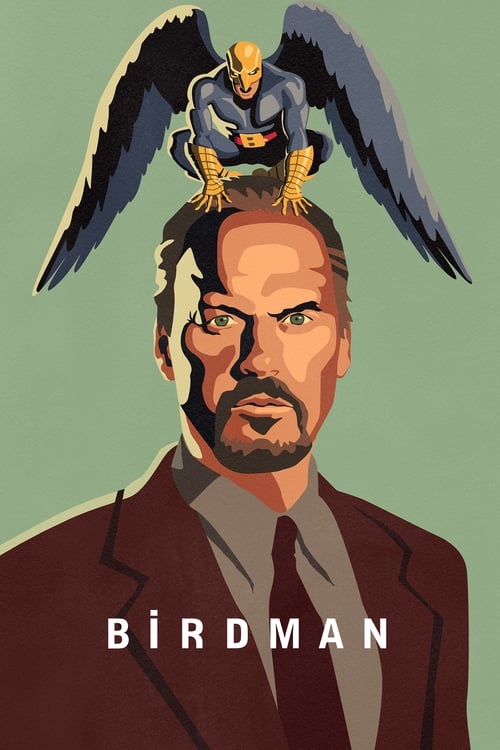 The poster features a man with a stern expression, his face framed by large, dark wings that resemble a bird. The color palette includes muted greens, browns, and a stark white text for the title. The mood is serious and mysterious, hinting at the film's blend of humor and dark humor.