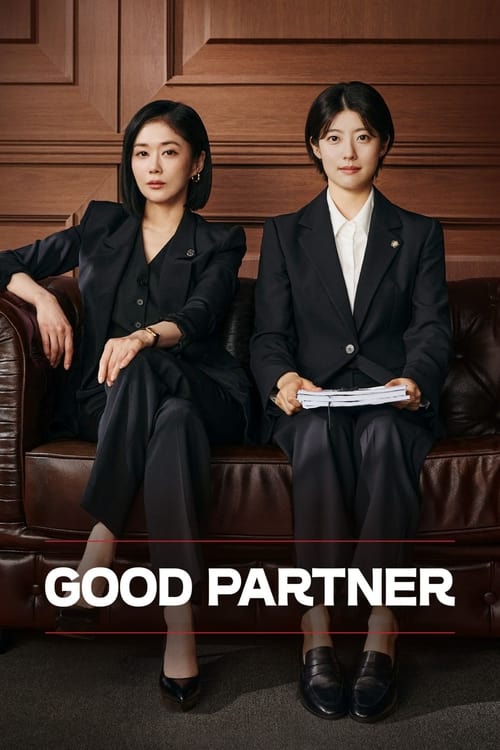 The poster features two women in professional black suits, seated on a leather couch against a warm wooden backdrop. The mood is formal yet intimate, suggesting a professional yet personal relationship. The title "Good Partner" is prominently displayed at the bottom, emphasizing the show's focus ...