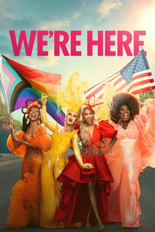 This vibrant TV poster celebrates LGBTQ+ pride and unity, featuring four diverse characters in colorful costumes against a sunny backdrop with rainbow flags and American flags. The joyful, celebratory mood emphasizes inclusivity and community spirit.