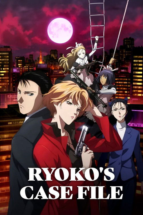 The poster features four anime characters against a dramatic, twilight cityscape. A large pink moon looms above, casting eerie shadows. The central figure, a woman in a red coat, holds a microphone, suggesting a dramatic or investigative theme. The title "RYOKO'S CASE FILE" is prominently display...