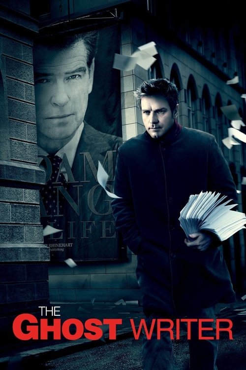 The poster features a man in a dark coat holding a stack of papers, standing in a dimly lit alleyway. Behind him, a larger image of another man appears on the wall, creating a mysterious atmosphere. The colors are muted, with dark tones and hints of red, evoking a sense of suspense and intrigue.