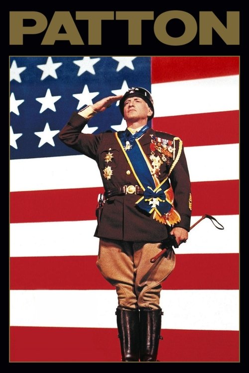 This movie poster features a soldier saluting against a backdrop of the American flag, with the title "PATTON" prominently displayed in bold letters. The military uniform and patriotic colors evoke a sense of patriotism and heroism.